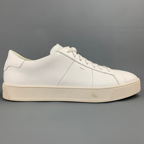 SANTONI Size 12 White Leather Rubber Sole Lace Up Sneakers