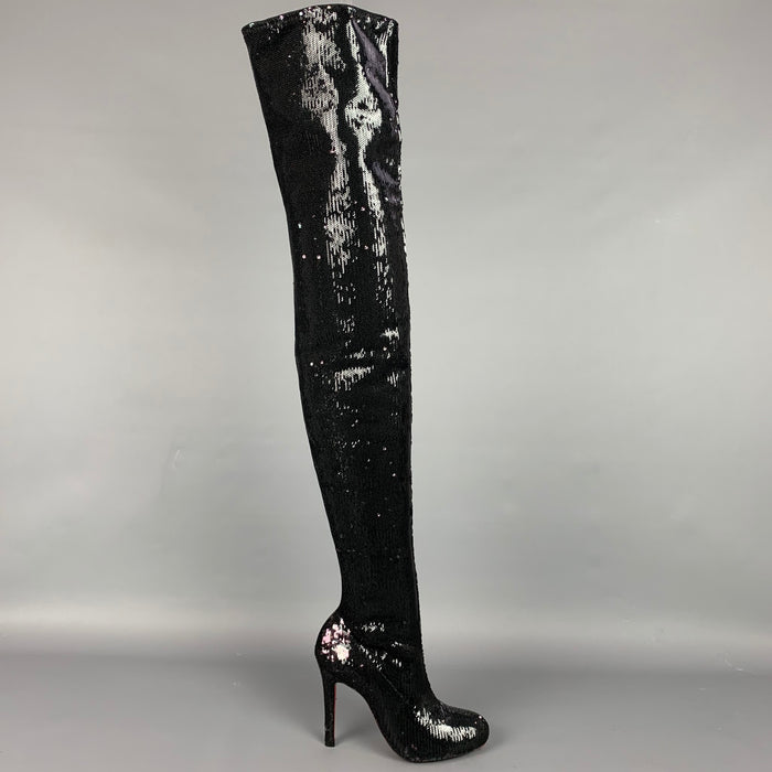 CHRISTIAN LOUBOUTIN Size 7 Black Sequined Over The Knee Round Toe Louise Boots