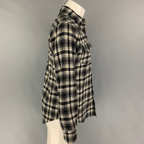SAINT LAURENT Size M Black Cream Plaid Wool Blend Long Sleeve Shirt