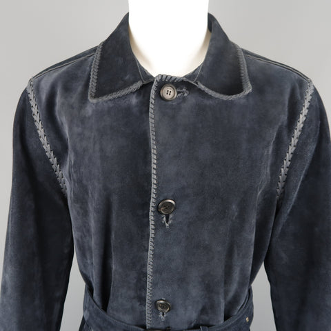SALVATORE FERRAGAMO 40 Navy Suede Whipstitched Trench Coat