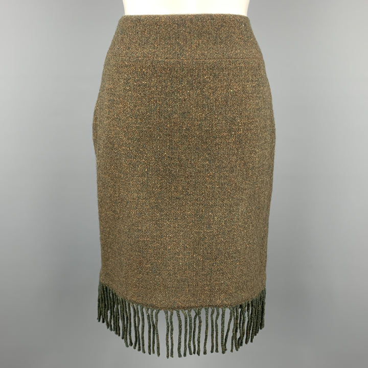 RALPH LAUREN Size 6 Olive Wool / Cashmere Tweed Fringe Skirt
