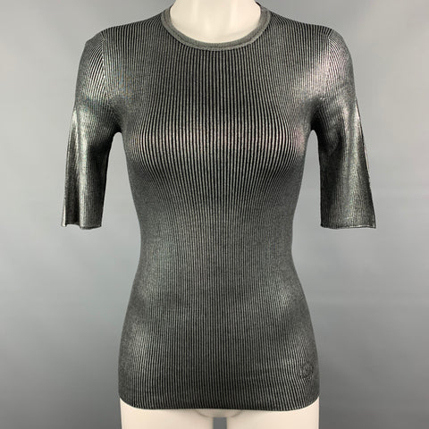 LOUIS VUITTON Size S Silver & Black Ribbed Silk Short Sleeve Pullover