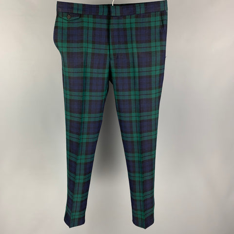 BURBERRY Size 38 Green Navy Blackwatch Plaid Wool Zip Fly Dress Pants