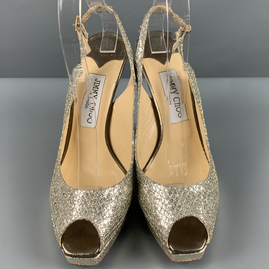 JIMMY CHOO Sandales à bride arrière en cuir métallisé argenté, taille 8