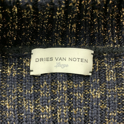 DRIES VAN NOTEN Size L Black & Metallic Gold Ribbed Knit Wool Blend Half Zip Pullover