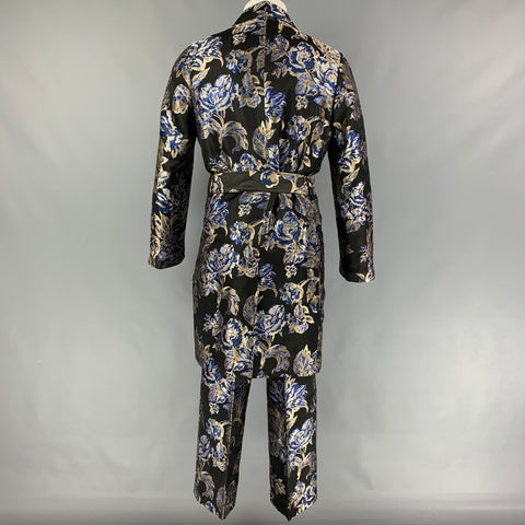 CHRISTIAN PELLIZZARI Size 36 Black Blue Silver Jacquard Acetate Blend Peak Lapel Coat Suit