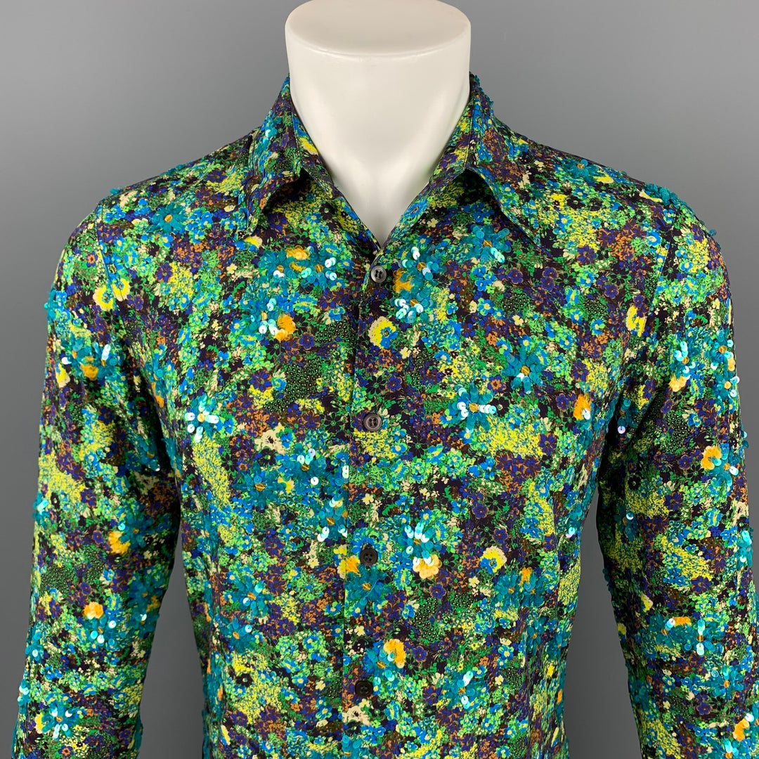 DRIES VAN NOTEN S/S 20 Size XS Green & Blue Viscose Button Up Long Sleeve Shirt