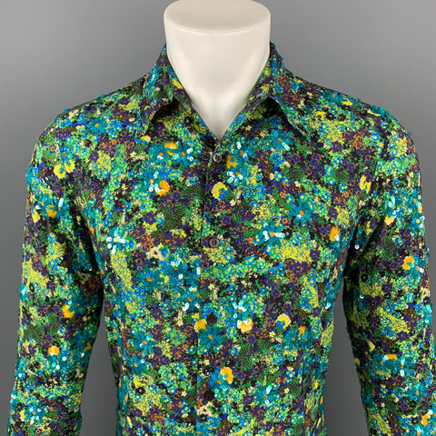 DRIES VAN NOTEN S/S 20 Size XS Green & Blue Beaded Viscose Button Up Long Sleeve Shirt
