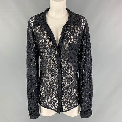 DIANE VON FURSTENBERG Talla XL Camisa negra con cuello abierto y encaje de nailon