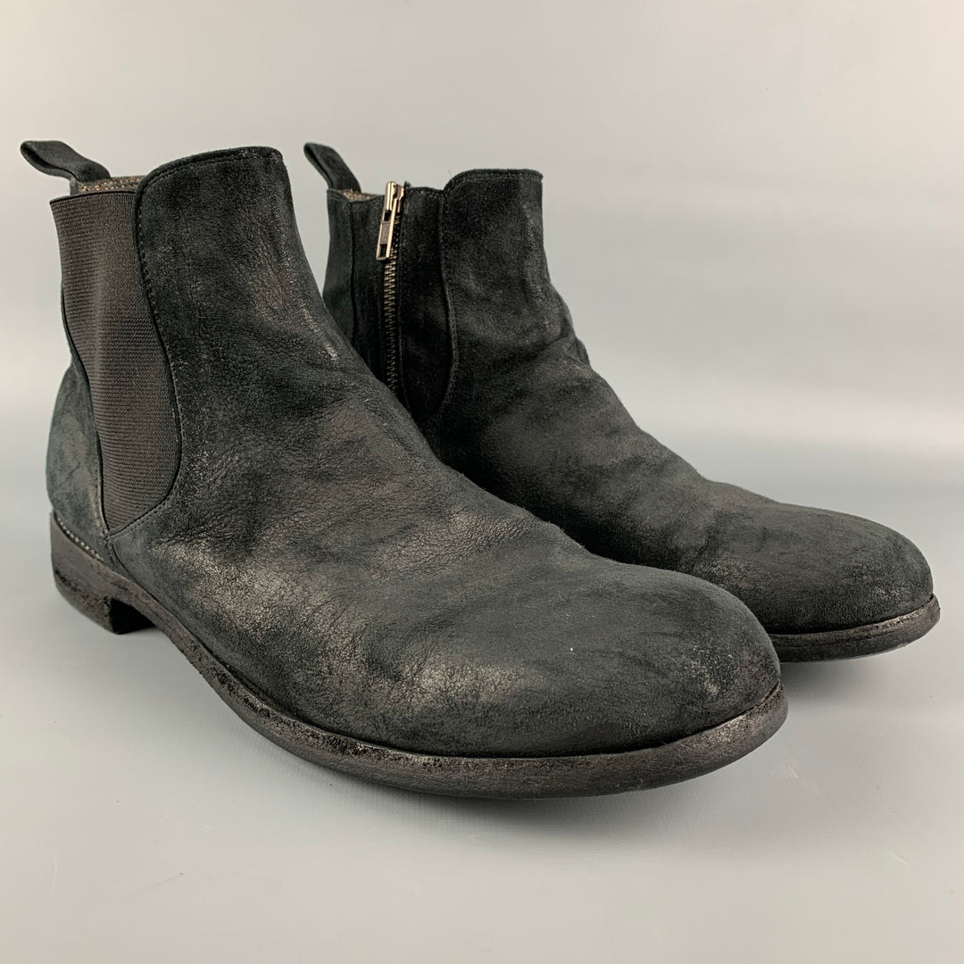 CHRISTIAN PEAU Size 11.5 Charcoal Distressed Leather Side Zipper Boots