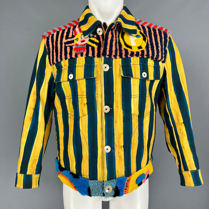 FENDI x JOHN BOOTH Size 40 Yellow Blue Stripe Cotton Lamb Fur Denim Jacket