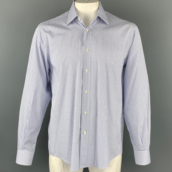 YVES SAINT LAURENT Size XL White & Navy Window Pane Cotton Long Sleeve Shirt