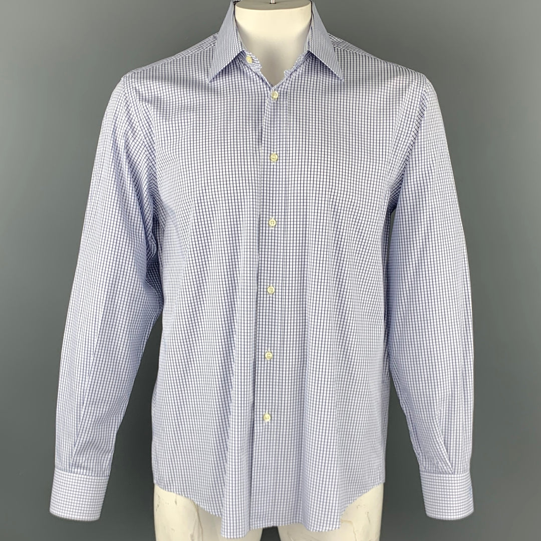 YVES SAINT LAURENT Talla XL Camisa de manga larga de algodón con paneles de ventana en blanco y azul marino