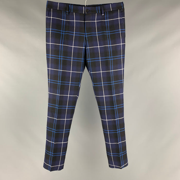 VERSACE Size 32 Navy Blue & White Plaid Wool Zip Fly Dress Pants