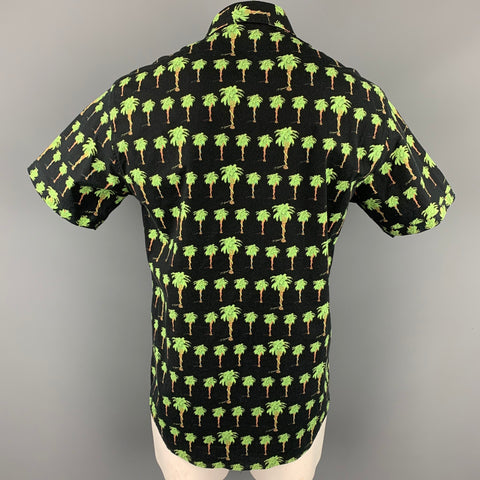 VERSACE JEANS COUTURE Size XXL Black & Green Palm Tree Print Cotton Blend Short Sleeve Shirt