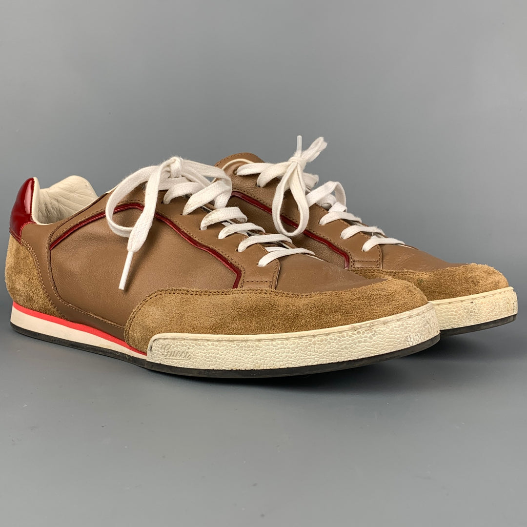 GUCCI Size 9 Tan & Red Suede Low Top Sneakers