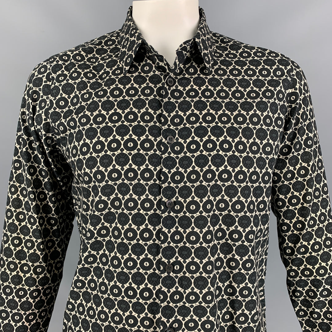 DRIES VAN NOTAN Talla XL Camisa de manga larga con botones de algodón con estampado circular en blanco y negro