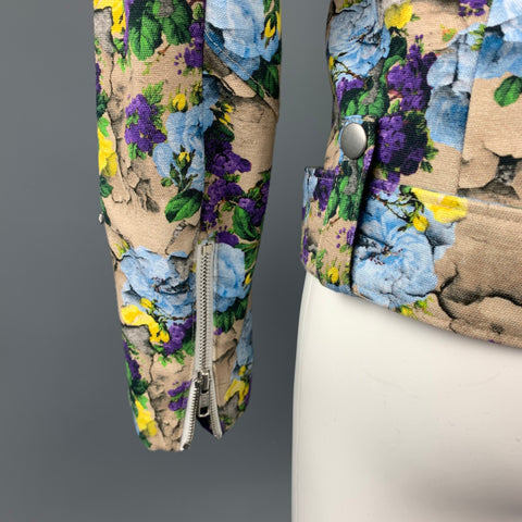 MSGM Size 4 Khaki & Purple Floral Cotton Biker Jacket