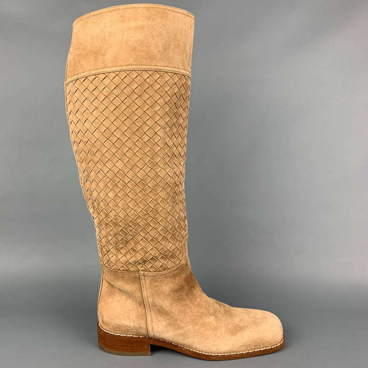 BOTTEGA VENETA Size 7 Beige Suede Woven Knee High Boots