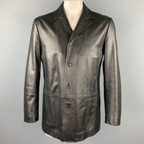 HUGO BOSS Size 40 Black Leather Notch Lapel Buttoned Jacket