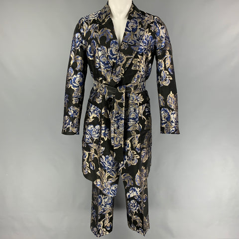 CHRISTIAN PELLIZZARI Size 36 Black Blue Silver Jacquard Acetate Blend Peak Lapel Coat Suit