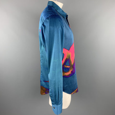 PAUL SMITH Size XXL Blue & Pink Flamingo Print Cotton Button Up Long Sleeve Shirt