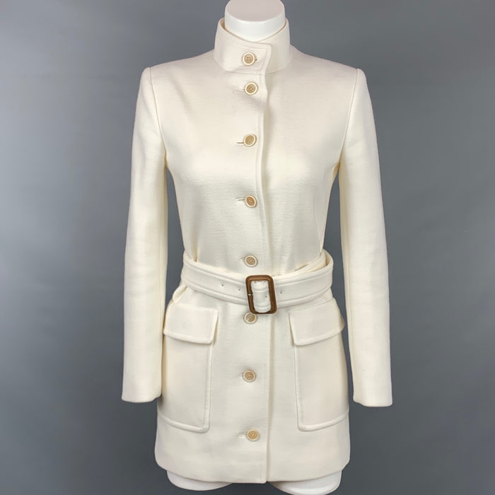 SAINT LAURENT SS 2021 Size 4 Cream Wool Blend Belted Military Jacket