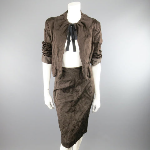 PRADA Spring 2009 Size US 10 / IT 44  Brown Winkled Cotton Metal Blend Pencil Skirt
