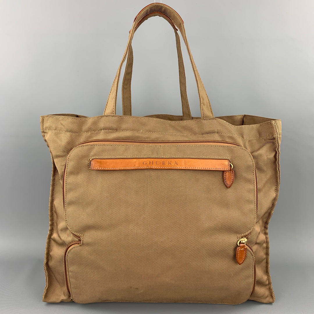 GHURKA Khaki Nylon Leather Trim Tote Handbag