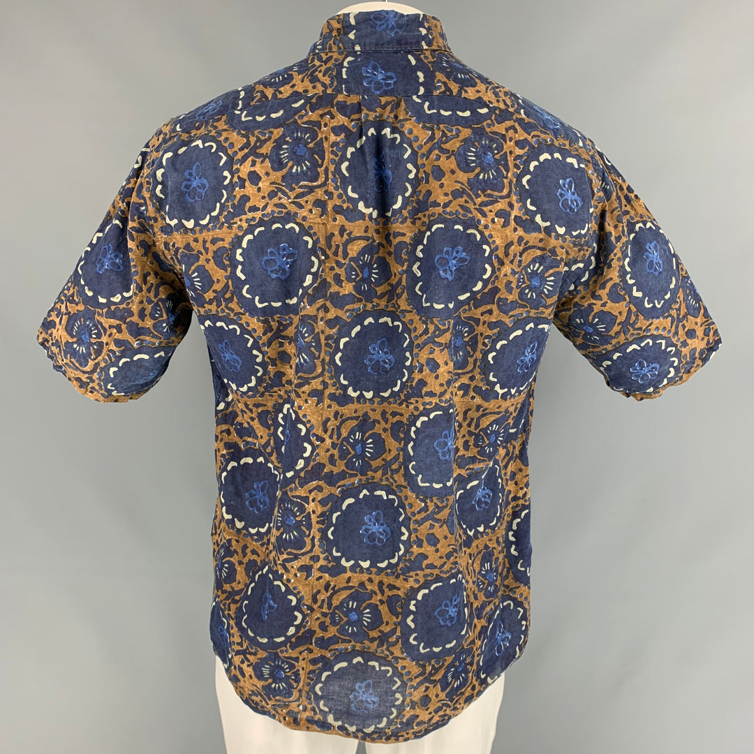 45rpm Size XL Navy & Brown Print Cotton Pop-Over Short Sleeve Shirt