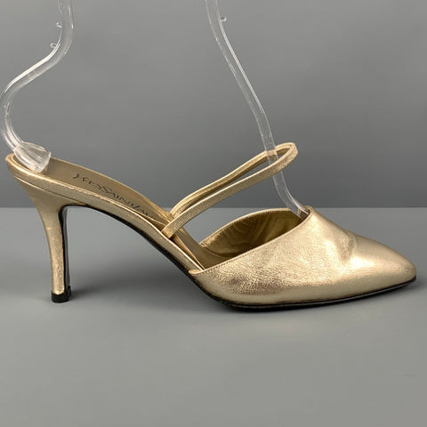 Vintage YVES SAINT LAURENT Tamaño 7.5 Sandalias de cuero dorado con espalda abierta