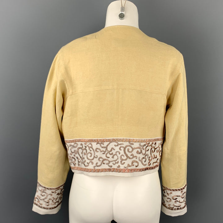 DRIES VAN NOTEN Size 4 Beige Embroidered Linen Open Front Jacket