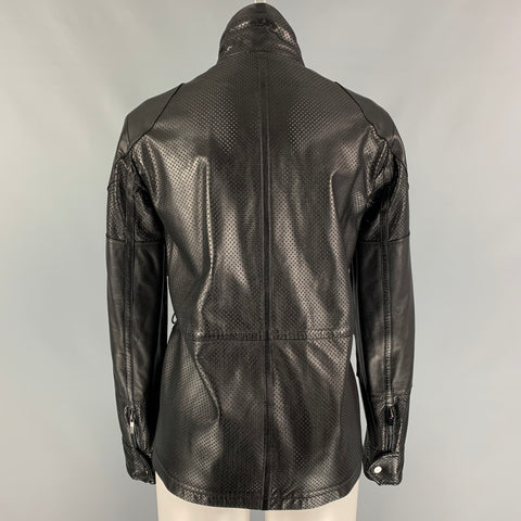 RALPH LAUREN Black Label Talla 2 Chaqueta de piel de cordero perforada de cuero negro