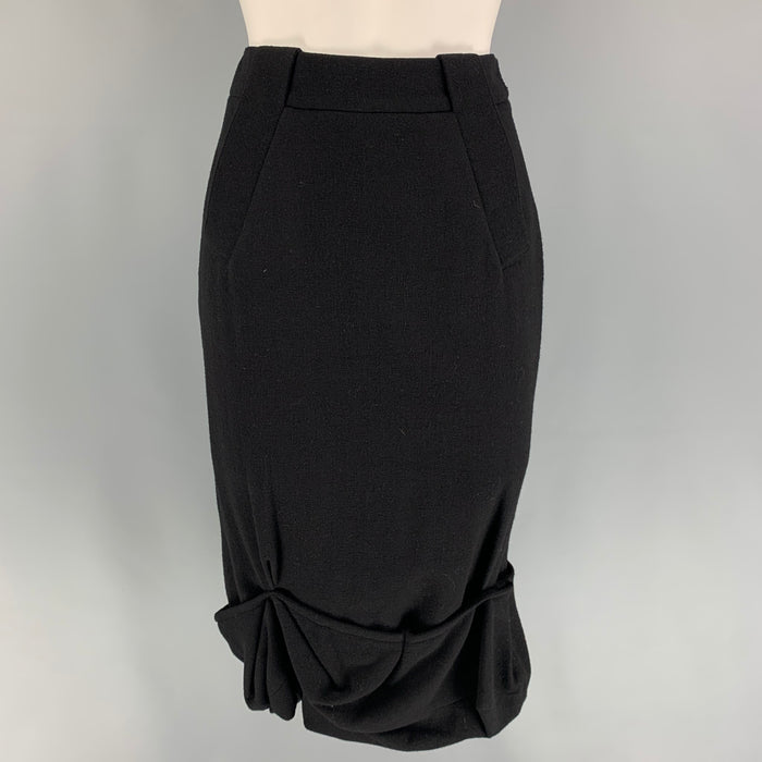 GIVENCHY Size 4 Black Wool Ruffled Pencil Mid-Calf Skirt