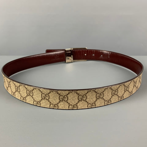 GUCCI Size 36 Beige Brown Guccisima Logo Leather Coated Canvas Reversible Belt