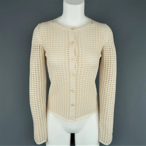 CHLOE Size L Cream Stretch Wool Mesh Knit Crewneck Cardigan CHLOE