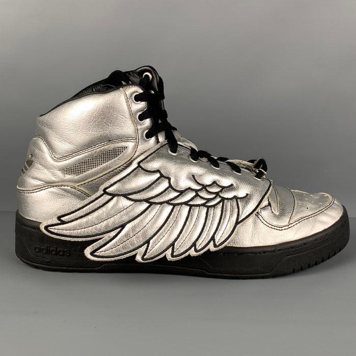 ADIDAS x JEREMY SCOTT Size 9 Silver Black Leather Metallic Wing Sneakers
