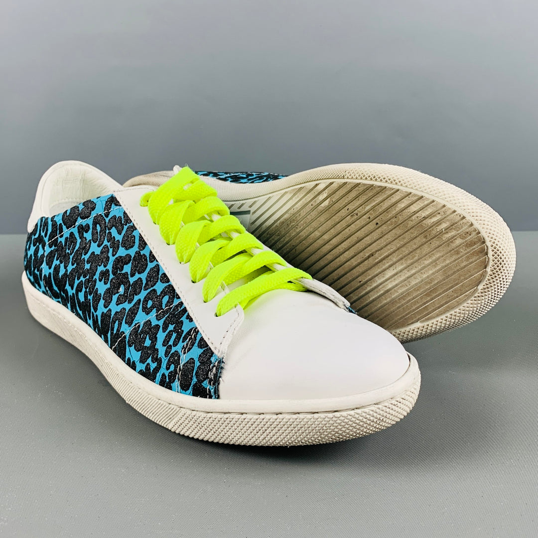 AMIRI Size 7 White Black & Blue Embossed Leather Low Top Sneakers