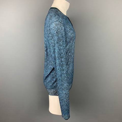 GIORGIO ARMANI Size XXL Blue & Charcoal Print Polyamide Henley Pullover
