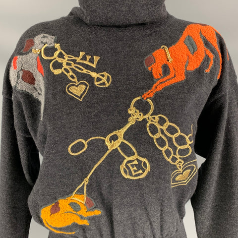 ESCADA Taille 6 Pull à col roulé brodé en laine multicolore charbon de bois
