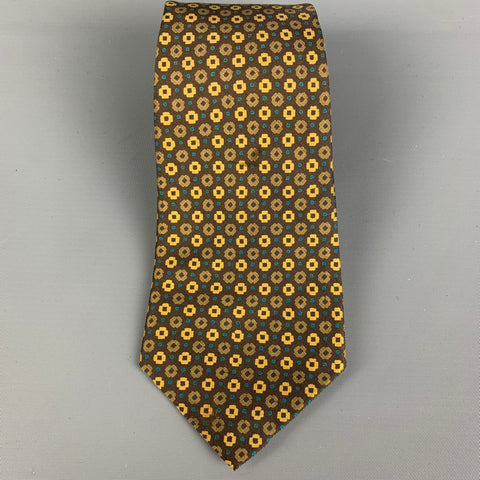 HERMES 116 TA Brown Yellow Floral Tie