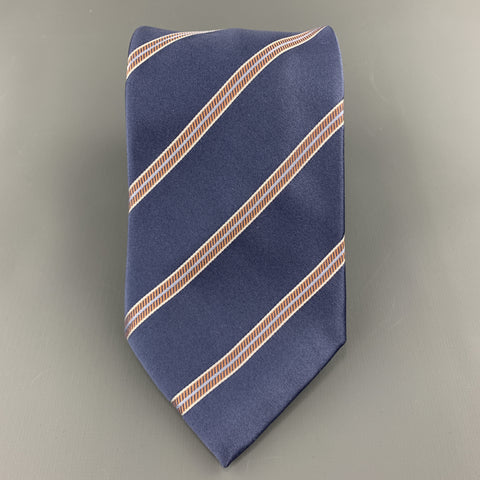 BRIONI Steel Blue & Orange Diagonal Striped Silk Tie
