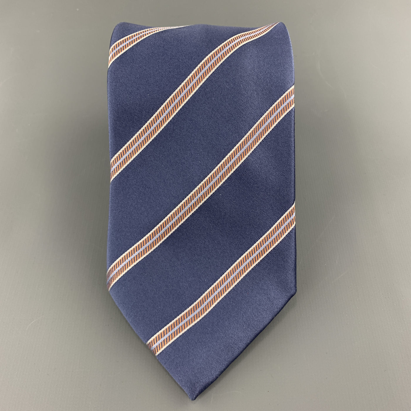 BRIONI Steel Blue & Orange Diagonal Striped Silk Tie