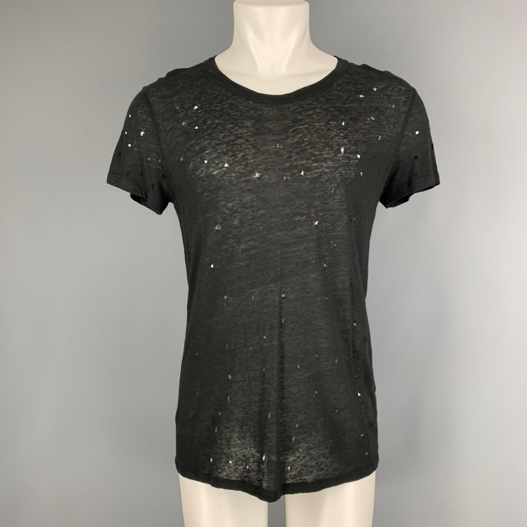 IRO Size XS Black Distressed Linen Crew-Neck T-shirt