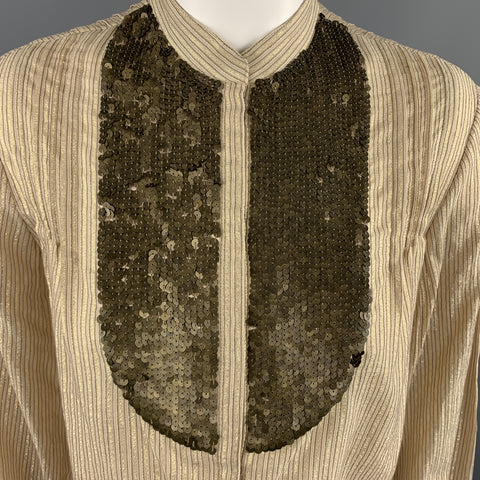 3.1 PHILLIP LIM Size 4 Gold Metallic Striped Sequin Bib Blouse
