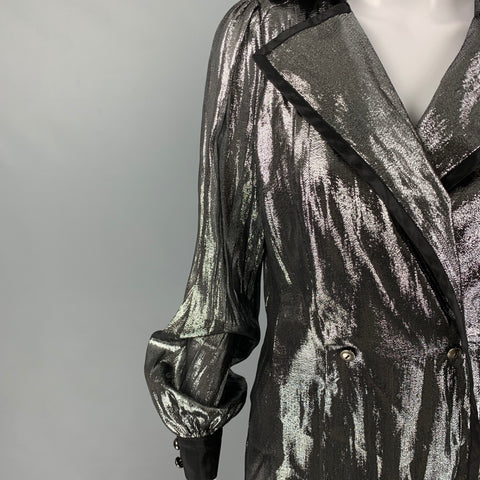 BILL BLASS Taille 2 Manteau à double boutonnage en soie métallisée noir argenté