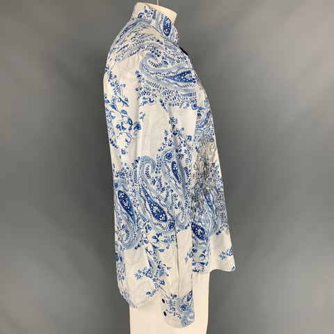 ROBERT GRAHAM Talla XL Camisa de manga larga de algodón con bordado blanco, azul y gris