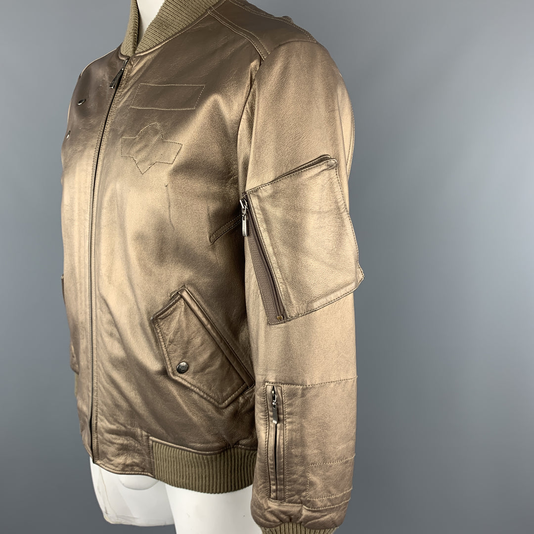 KENNETH COLE 42 Gold Metallic Leather Zip Up Vintage Bomber Style Jacket