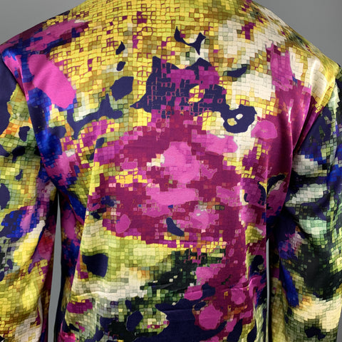 ST. JOHN Size 12 Purple MultiColor Floral Silk Rufle Blouse