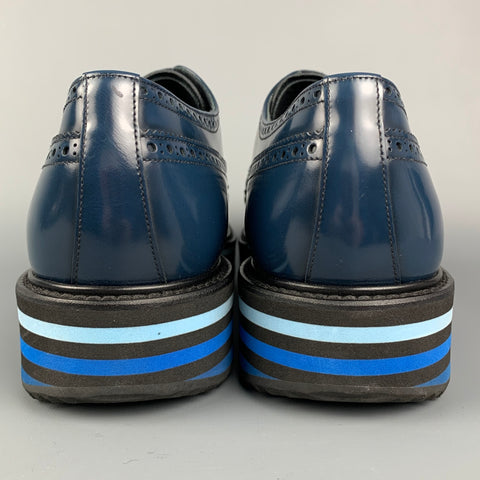 PRADA Size 13 Navy & Blue Perforated Leather Platform Lace Up Shoes